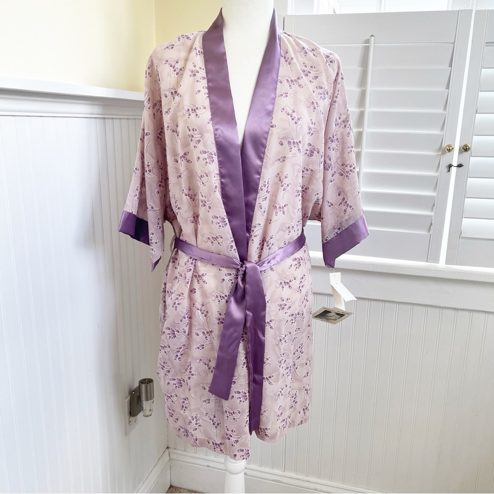 Contessa Di Roma NEW Sparkle Mauve Purple Floral Satin Trim Robe Women’s Medium